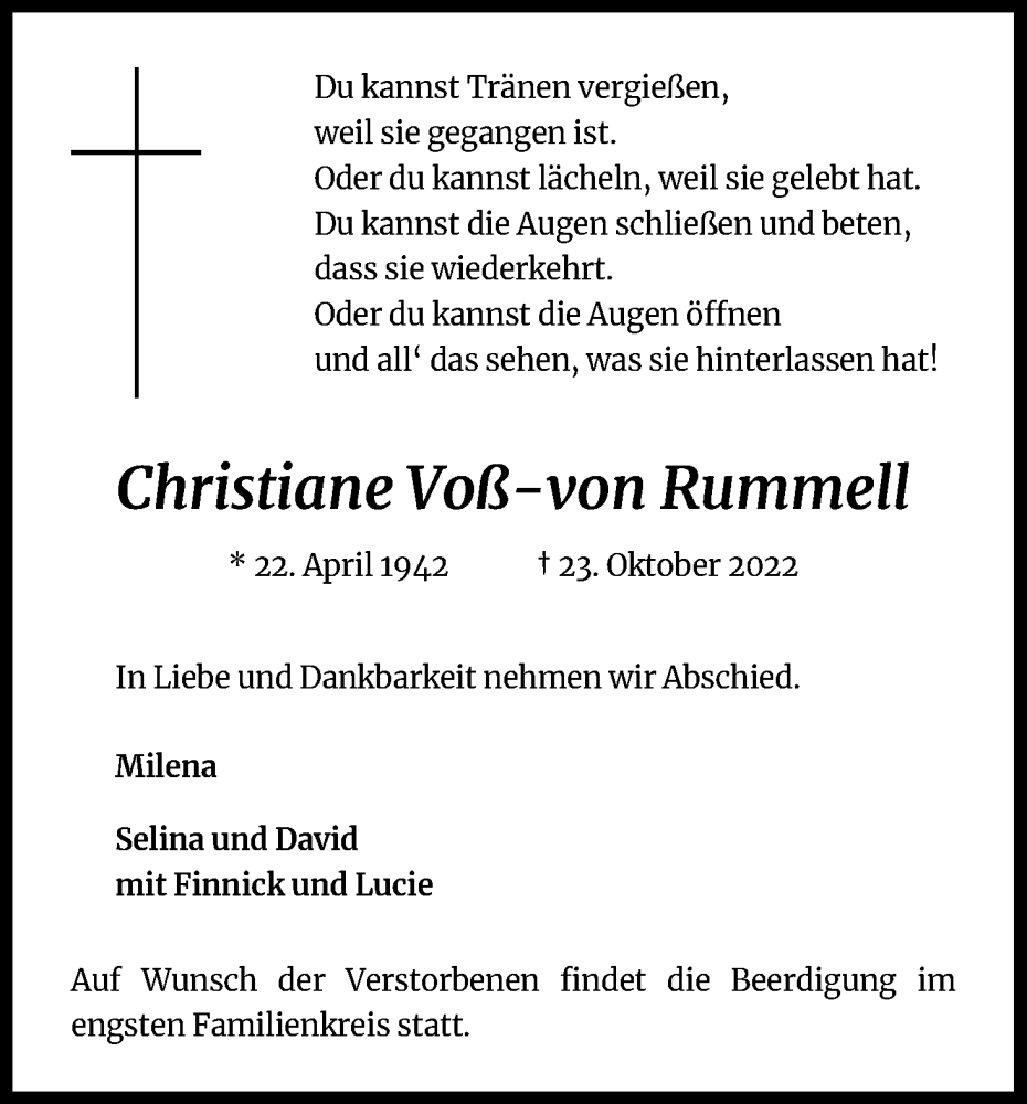  Traueranzeige für Christiane Voß-von Rummell vom 29.10.2022 aus Kölner Stadt-Anzeiger / Kölnische Rundschau / Express