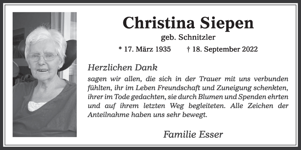  Traueranzeige für Christina Siepen vom 21.10.2022 aus  Werbepost 