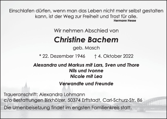 Anzeige von Christine Bachem von  Werbepost 