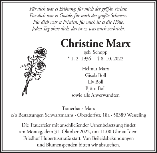 Anzeige von Christine Marx von  Schlossbote/Werbekurier 