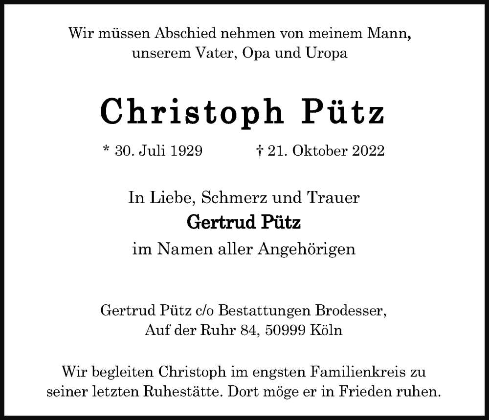  Traueranzeige für Christoph Pütz vom 29.10.2022 aus Kölner Stadt-Anzeiger / Kölnische Rundschau / Express