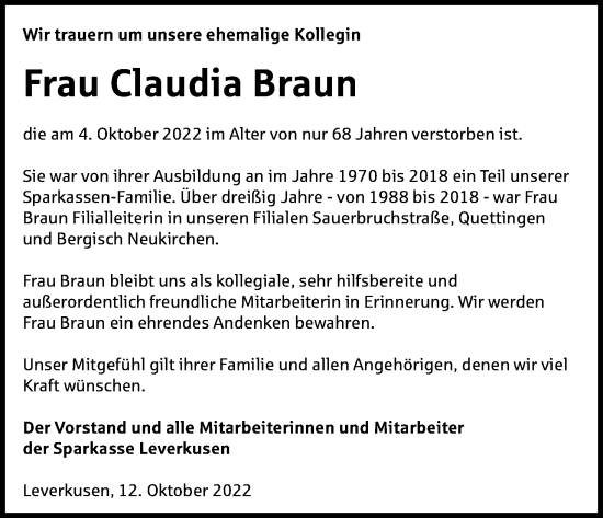Anzeige von Claudia Braun von Kölner Stadt-Anzeiger / Kölnische Rundschau / Express