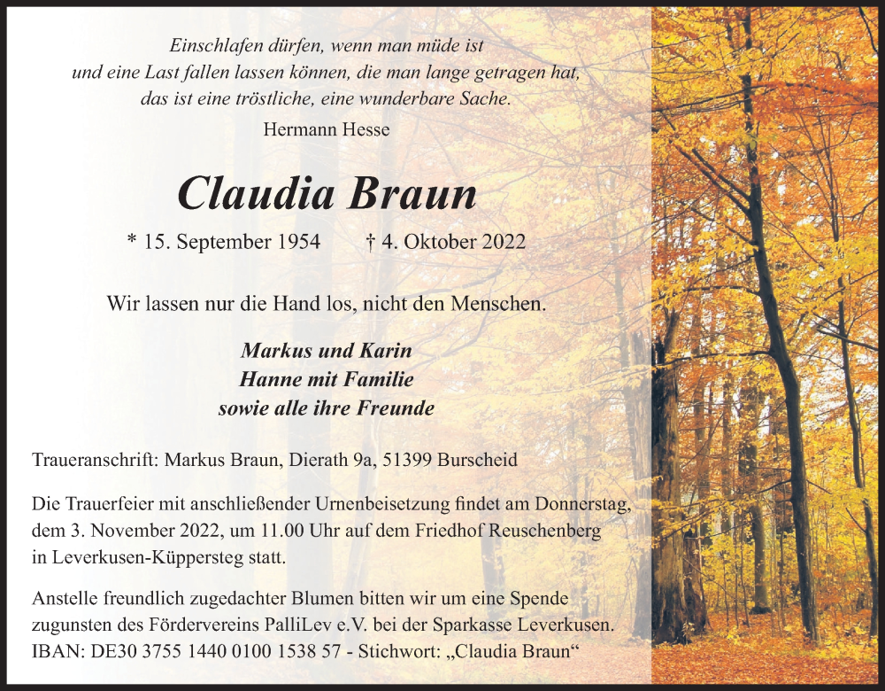  Traueranzeige für Claudia Braun vom 22.10.2022 aus Kölner Stadt-Anzeiger / Kölnische Rundschau / Express