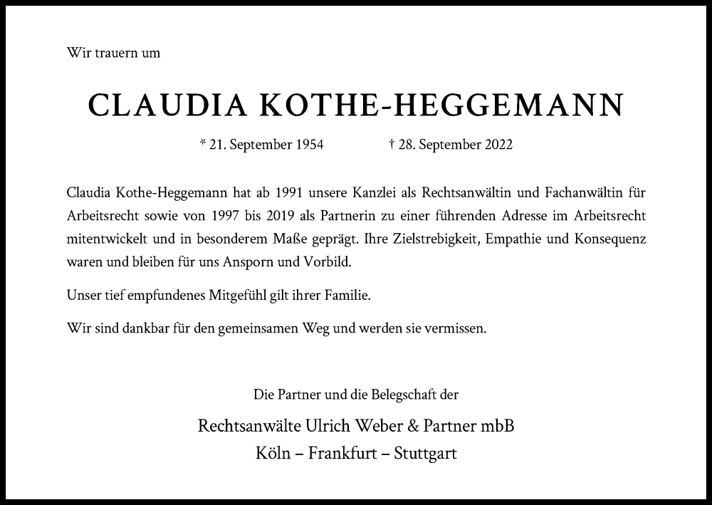  Traueranzeige für Claudia Kothe-Heggemann vom 01.10.2022 aus Kölner Stadt-Anzeiger / Kölnische Rundschau / Express
