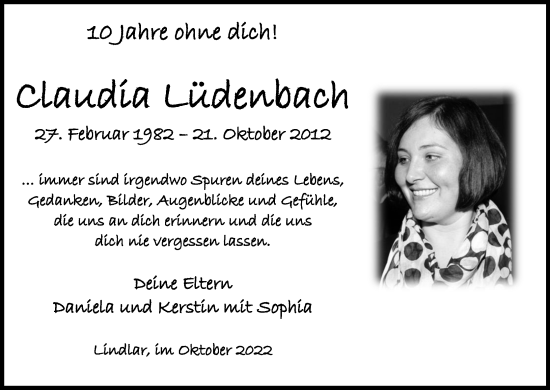 Anzeige von Claudia Lüdenbach von Kölner Stadt-Anzeiger / Kölnische Rundschau / Express
