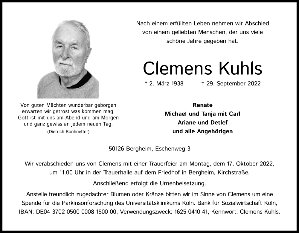  Traueranzeige für Clemens Kuhls vom 08.10.2022 aus Kölner Stadt-Anzeiger / Kölnische Rundschau / Express