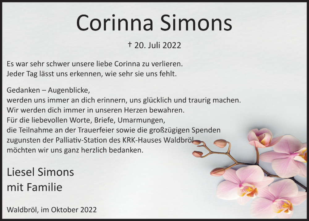  Traueranzeige für Corinna Simons vom 21.10.2022 aus  Lokalanzeiger 