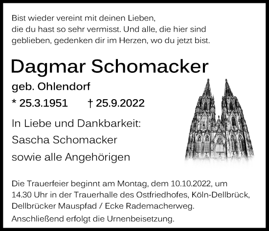 Anzeige von Dagmar Schomacker von Kölner Stadt-Anzeiger / Kölnische Rundschau / Express