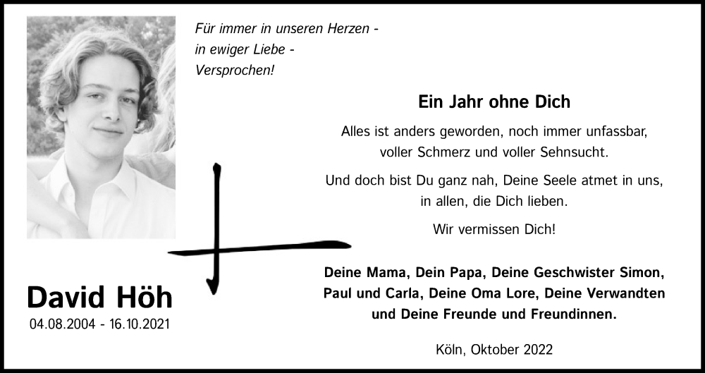  Traueranzeige für David Höh vom 15.10.2022 aus Kölner Stadt-Anzeiger / Kölnische Rundschau / Express