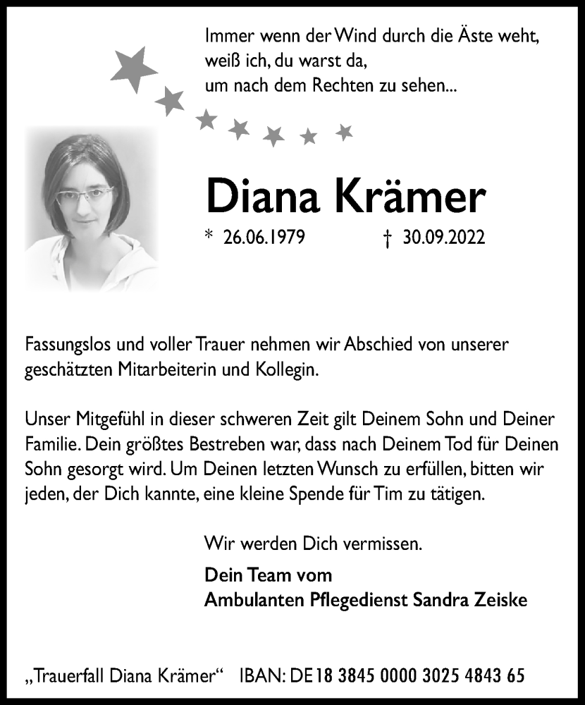  Traueranzeige für Diana Krämer vom 08.10.2022 aus Kölner Stadt-Anzeiger / Kölnische Rundschau / Express