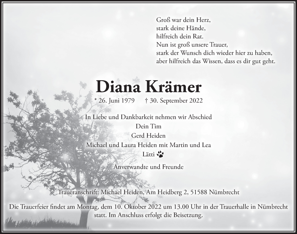  Traueranzeige für Diana Krämer vom 07.10.2022 aus  Lokalanzeiger 