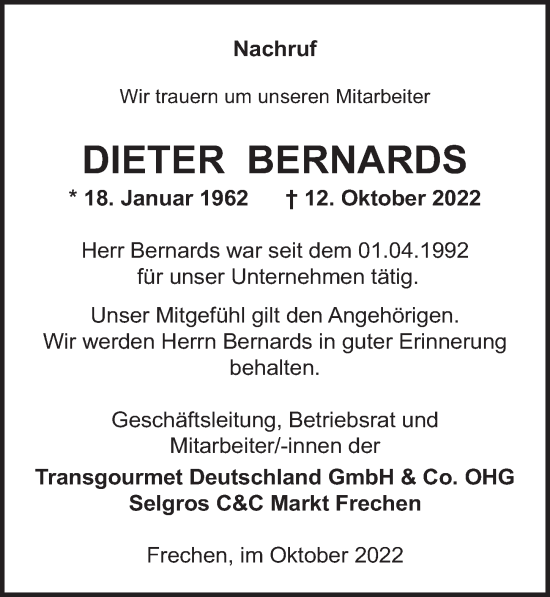 Anzeige von Dieter Bernards von  Wochenende  Werbepost 