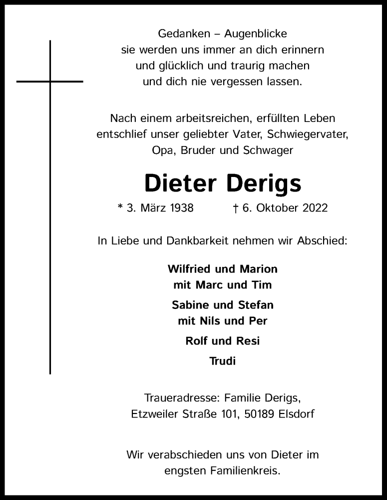  Traueranzeige für Dieter Derigs vom 15.10.2022 aus Kölner Stadt-Anzeiger / Kölnische Rundschau / Express