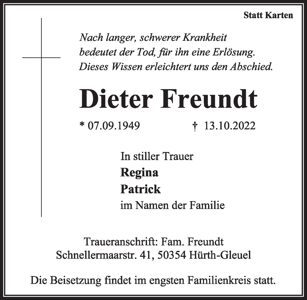  Traueranzeige für Dieter Freundt vom 21.10.2022 aus  Wochenende 