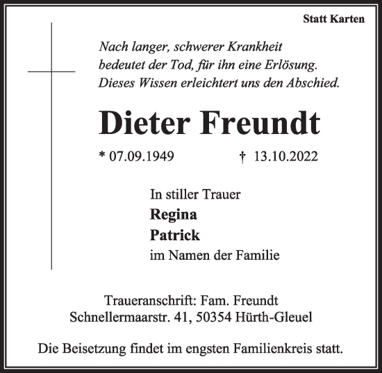 Anzeige von Dieter Freundt von  Wochenende 