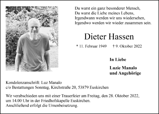Anzeige von Dieter Hassen von  Blickpunkt Euskirchen 