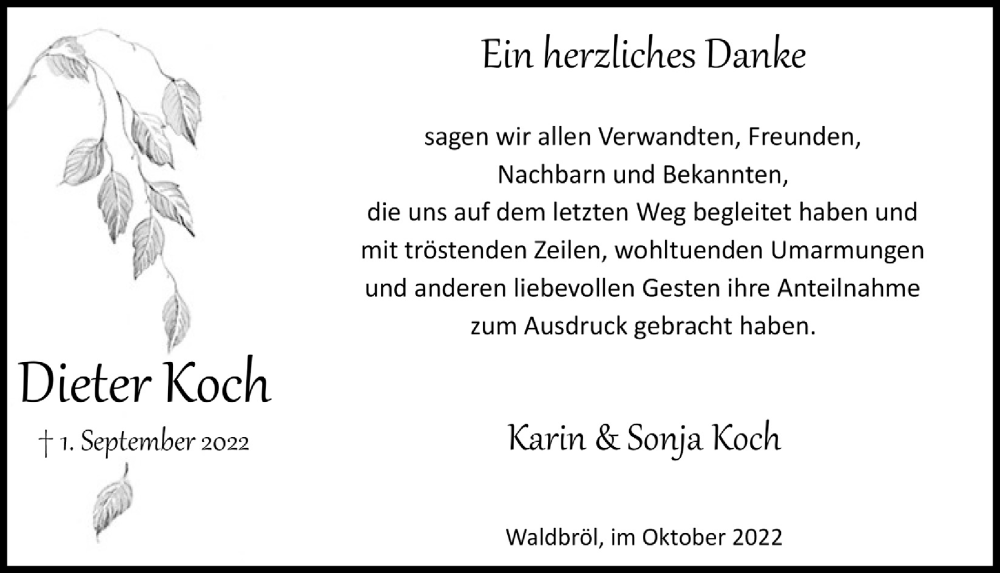  Traueranzeige für Dieter Koch vom 21.10.2022 aus  Lokalanzeiger 