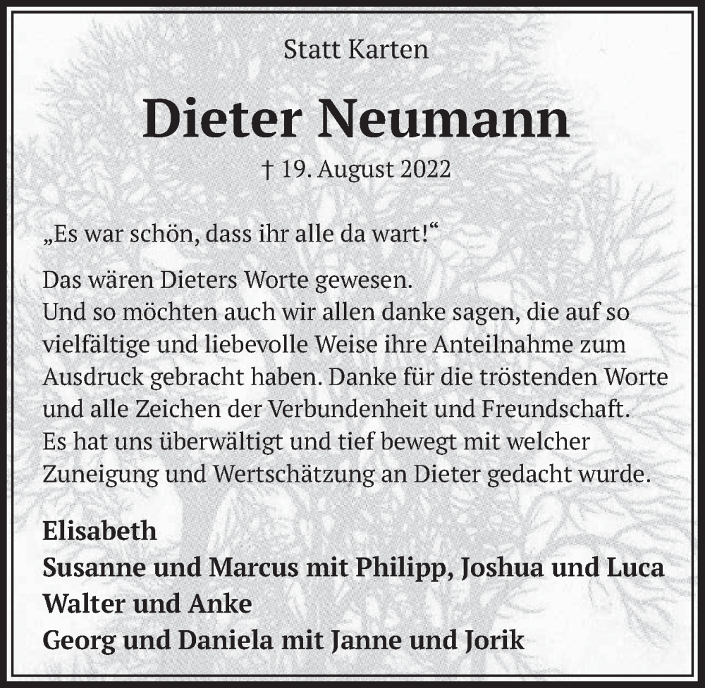  Traueranzeige für Dieter Neumann vom 14.10.2022 aus  Werbepost 
