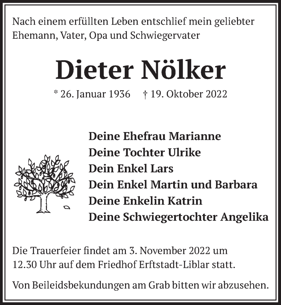  Traueranzeige für Dieter Nölker vom 28.10.2022 aus  Werbepost 