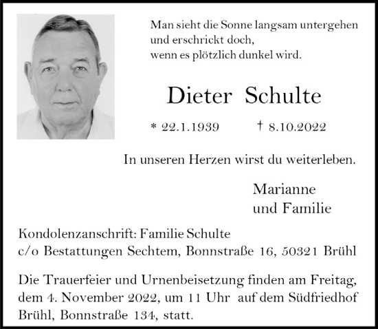 Anzeige von Dieter Schulte von  Schlossbote/Werbekurier 