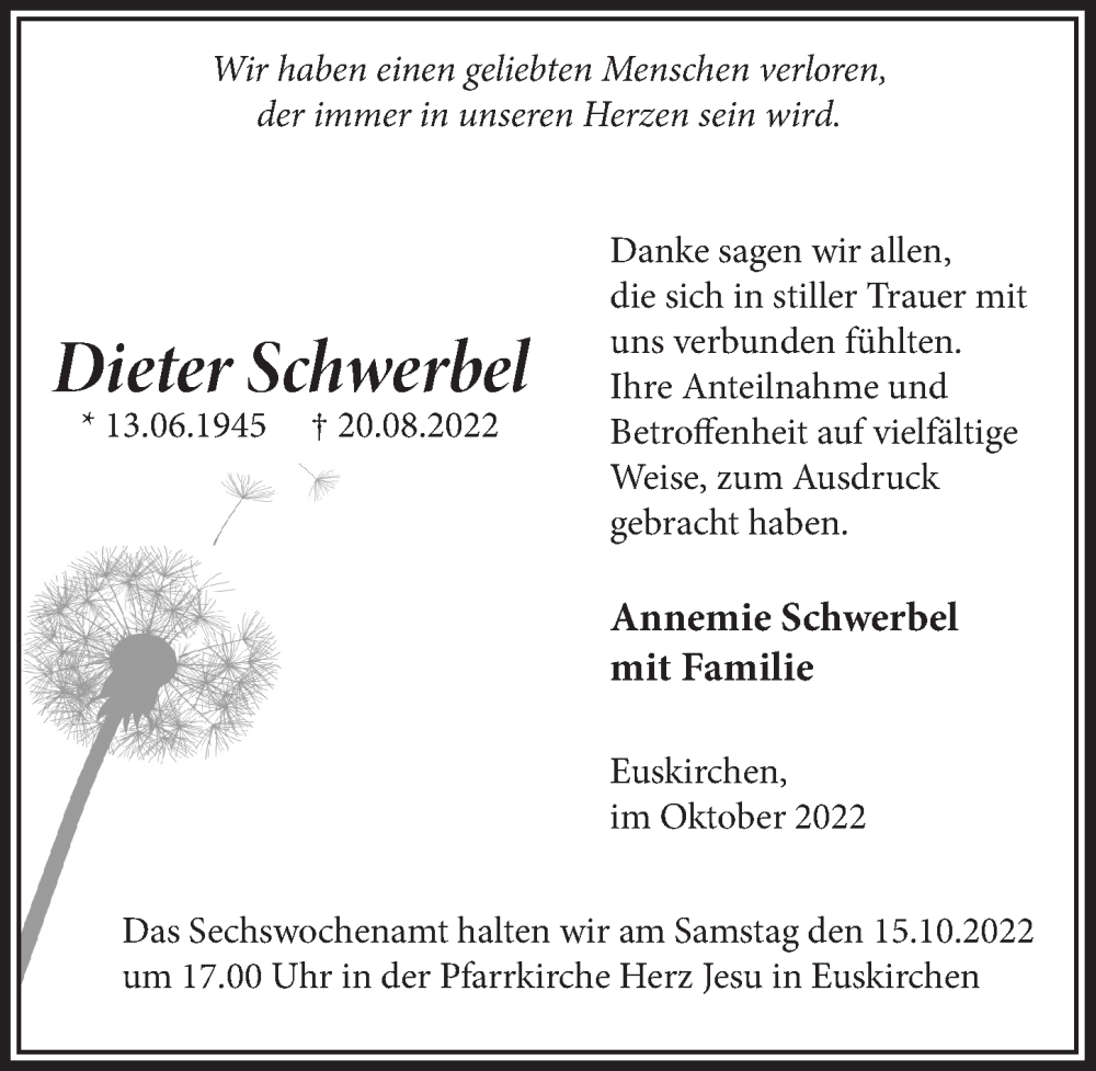  Traueranzeige für Dieter Schwerbel vom 08.10.2022 aus  Blickpunkt Euskirchen 