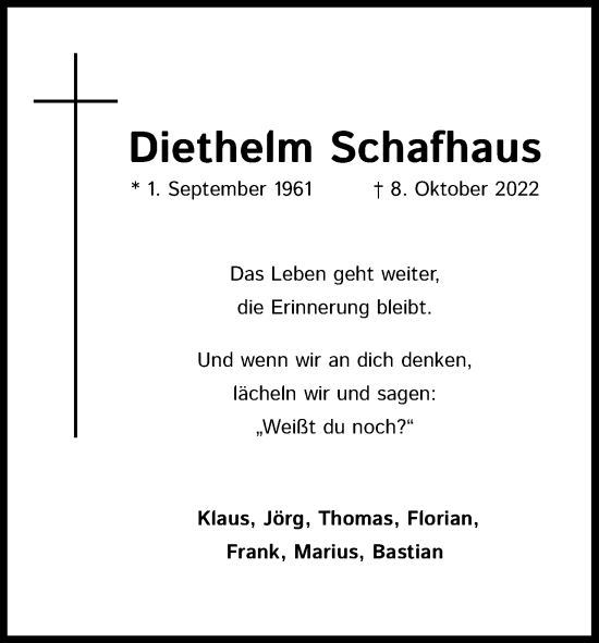 Anzeige von Diethelm Schafhaus von Kölner Stadt-Anzeiger / Kölnische Rundschau / Express