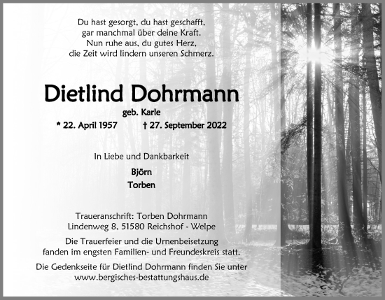 Anzeige von Dietlind Dohrmann von Kölner Stadt-Anzeiger / Kölnische Rundschau / Express