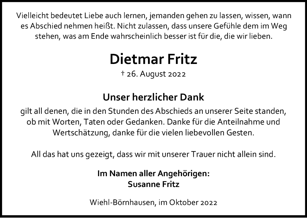  Traueranzeige für Dietmar Fritz vom 08.10.2022 aus Kölner Stadt-Anzeiger / Kölnische Rundschau / Express