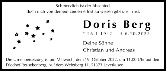 Anzeige von Doris Berg von Kölner Stadt-Anzeiger / Kölnische Rundschau / Express