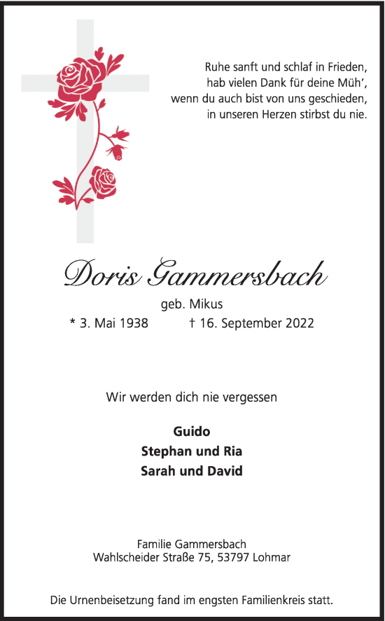 Anzeige von Doris Gammersbach von Kölner Stadt-Anzeiger / Kölnische Rundschau / Express
