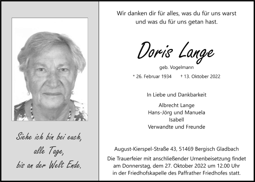  Traueranzeige für Doris Lange vom 21.10.2022 aus  Bergisches Handelsblatt 