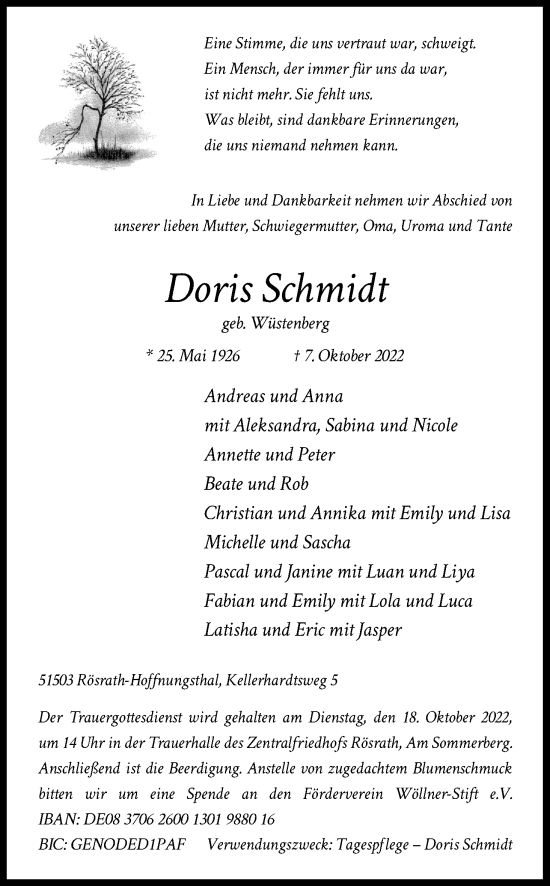 Anzeige von Doris Schmidt von Kölner Stadt-Anzeiger / Kölnische Rundschau / Express