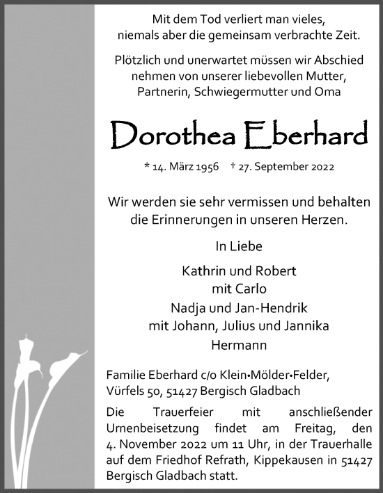 Anzeige von Dorothea Eberhard von Kölner Stadt-Anzeiger / Kölnische Rundschau / Express