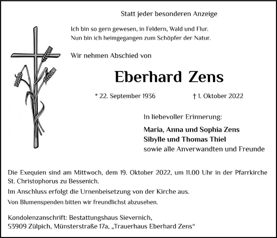 Anzeige von Eberhard Zens von  Blickpunkt Euskirchen 