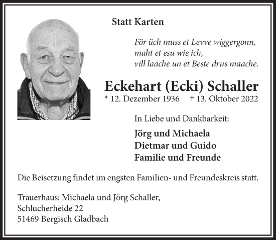 Anzeige von Eckehart Schaller von  Bergisches Handelsblatt 