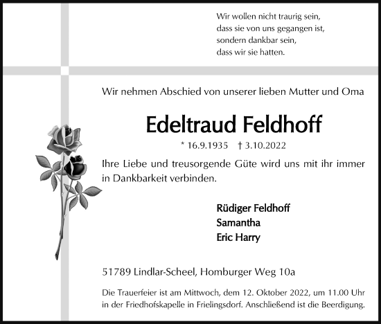 Anzeige von Edeltraud Feldhoff von Kölner Stadt-Anzeiger / Kölnische Rundschau / Express