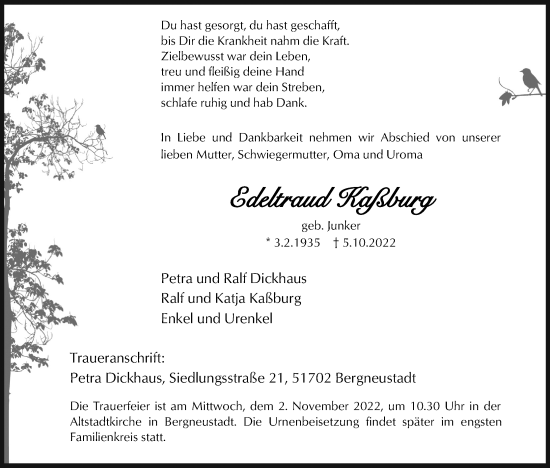 Anzeige von Edeltraud Kaßburg von Kölner Stadt-Anzeiger / Kölnische Rundschau / Express
