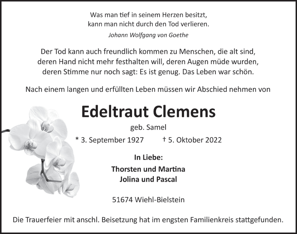  Traueranzeige für Edeltraut Clemens vom 14.10.2022 aus  Anzeigen Echo 
