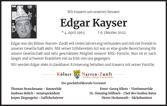 Anzeige von Edgar Kayser von Kölner Stadt-Anzeiger / Kölnische Rundschau / Express