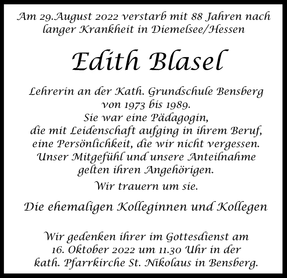  Traueranzeige für Edith Blasel vom 08.10.2022 aus Kölner Stadt-Anzeiger / Kölnische Rundschau / Express