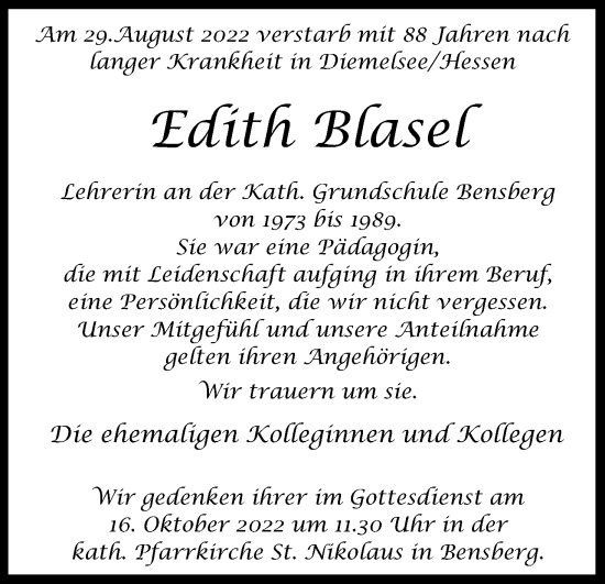 Anzeige von Edith Blasel von Kölner Stadt-Anzeiger / Kölnische Rundschau / Express
