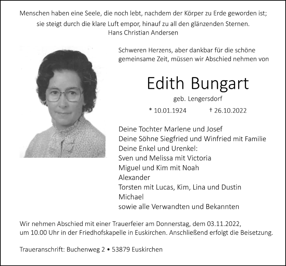  Traueranzeige für Edith Bungart vom 29.10.2022 aus  Blickpunkt Euskirchen 
