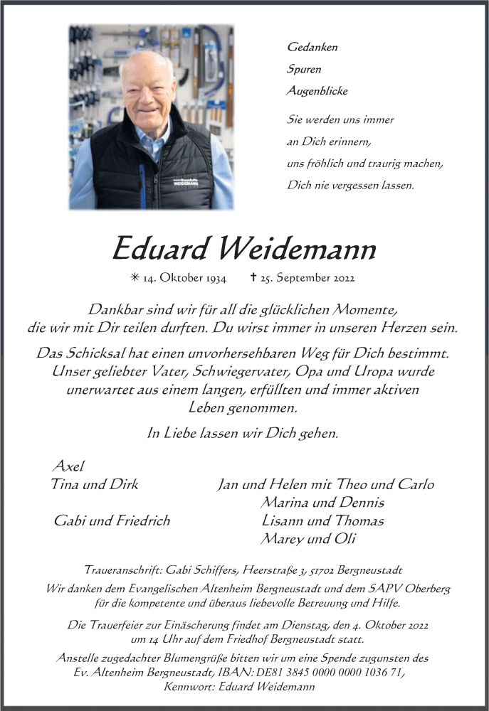  Traueranzeige für Eduard Weidemann vom 01.10.2022 aus Kölner Stadt-Anzeiger / Kölnische Rundschau / Express