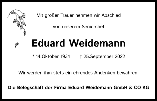 Anzeige von Eduard Weidemann von Kölner Stadt-Anzeiger / Kölnische Rundschau / Express