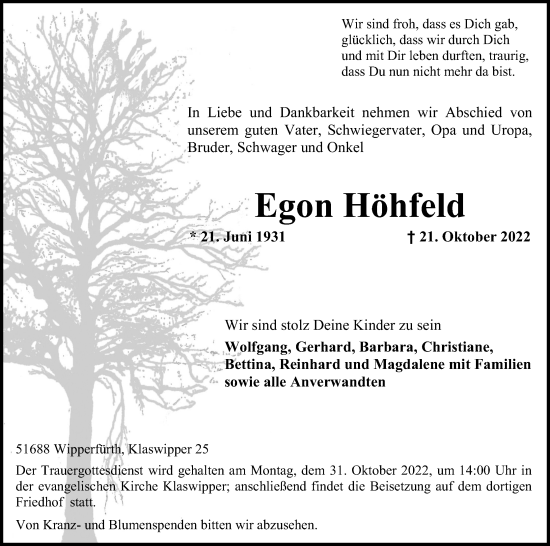 Anzeige von Egon Höhfeld von Kölner Stadt-Anzeiger / Kölnische Rundschau / Express