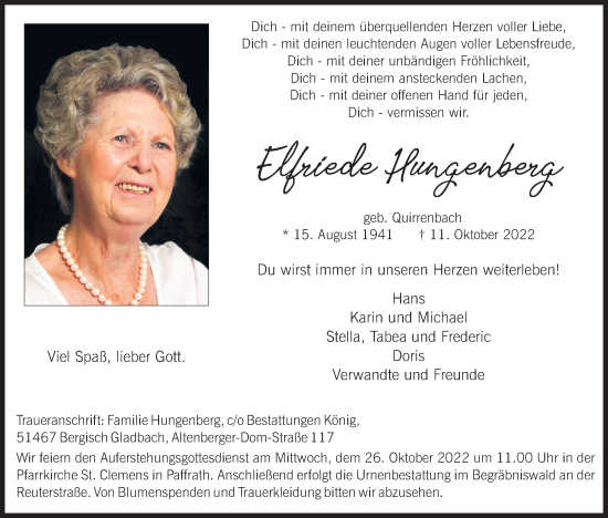 Anzeige von Elfriede Hungenberg von Kölner Stadt-Anzeiger / Kölnische Rundschau / Express