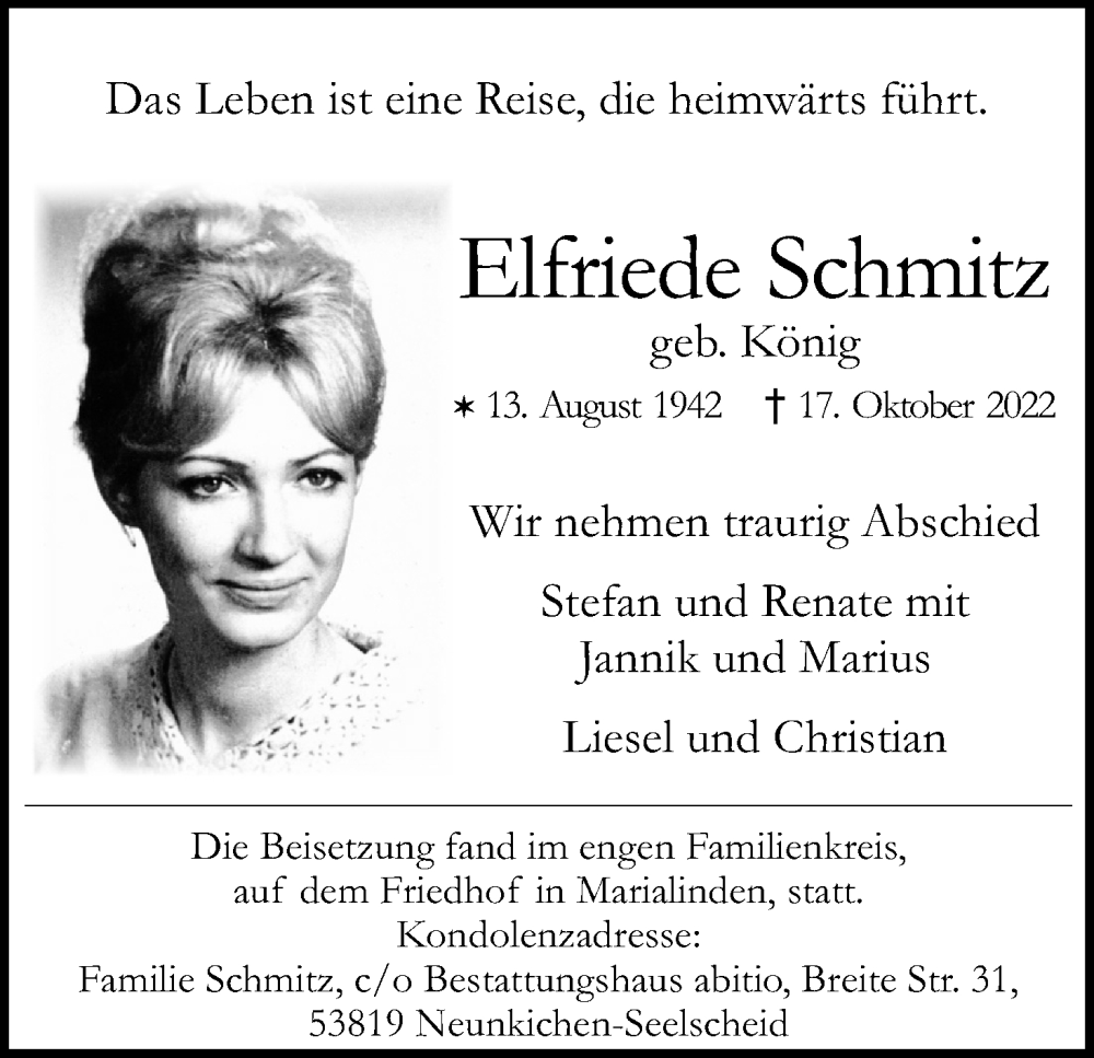  Traueranzeige für Elfriede Schmitz vom 29.10.2022 aus Kölner Stadt-Anzeiger / Kölnische Rundschau / Express