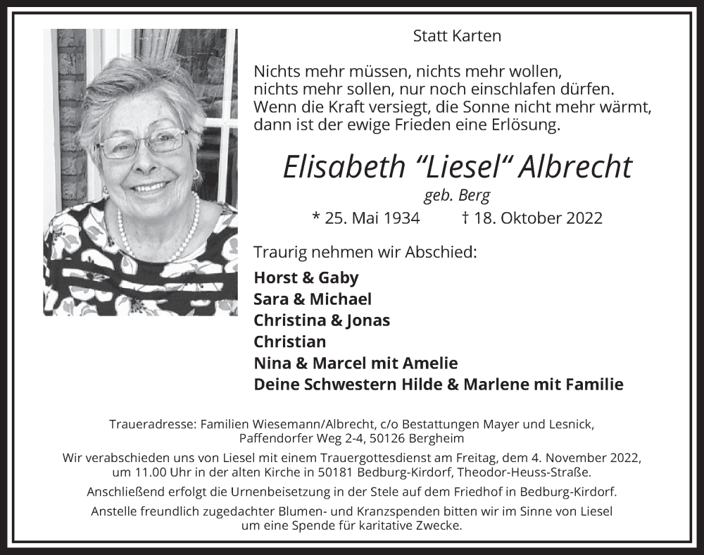  Traueranzeige für Elisabeth Albrecht vom 28.10.2022 aus  Werbepost 