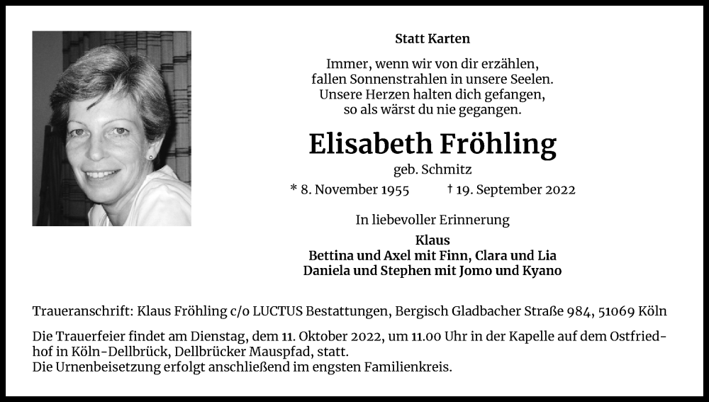  Traueranzeige für Elisabeth Fröhling vom 01.10.2022 aus Kölner Stadt-Anzeiger / Kölnische Rundschau / Express