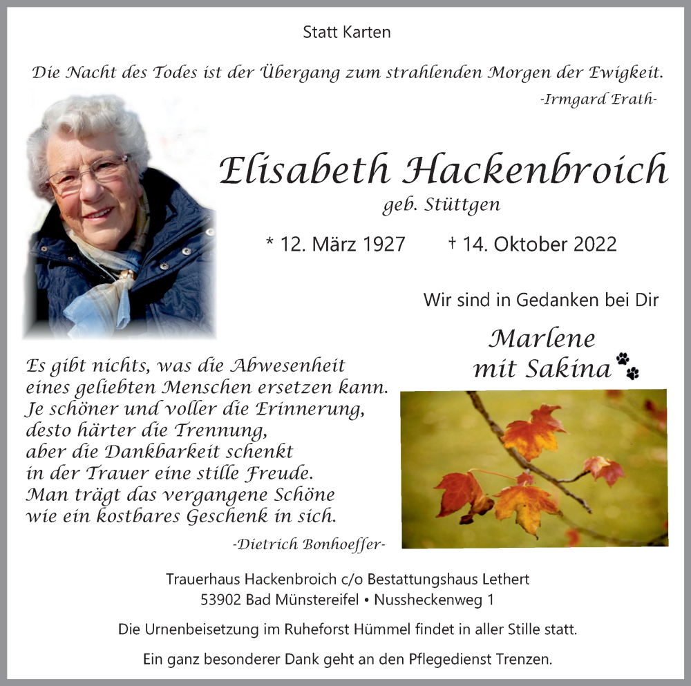  Traueranzeige für Elisabeth Hackenbroich vom 22.10.2022 aus Kölner Stadt-Anzeiger / Kölnische Rundschau / Express